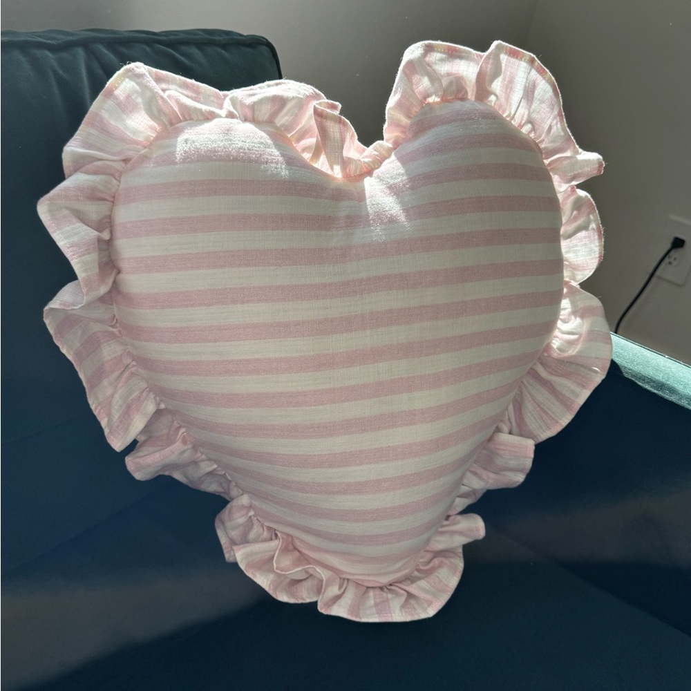 Pink Striped Heart Pillow with Ruffles